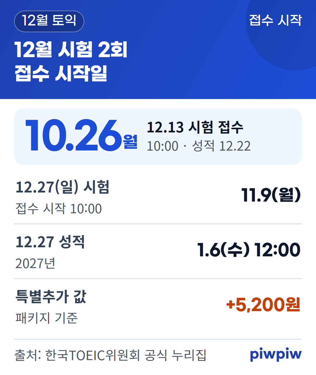 12월 시험 2회 접수 시작일 카드